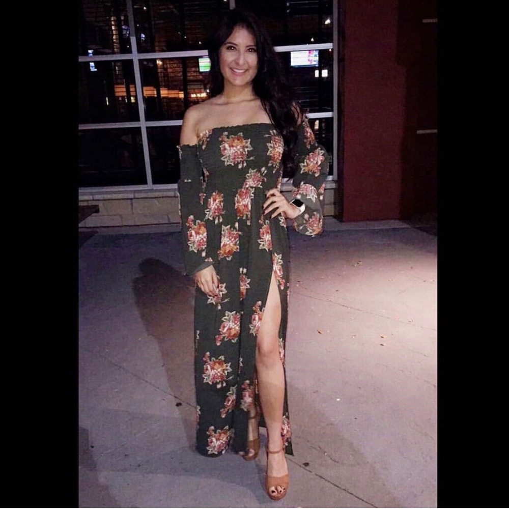 Dark green open shoulder maxi dress